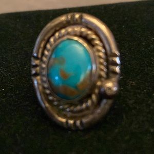 Navajo Vintage 1970s Kingman Turquoise and Sterling Silver Ring with two bands